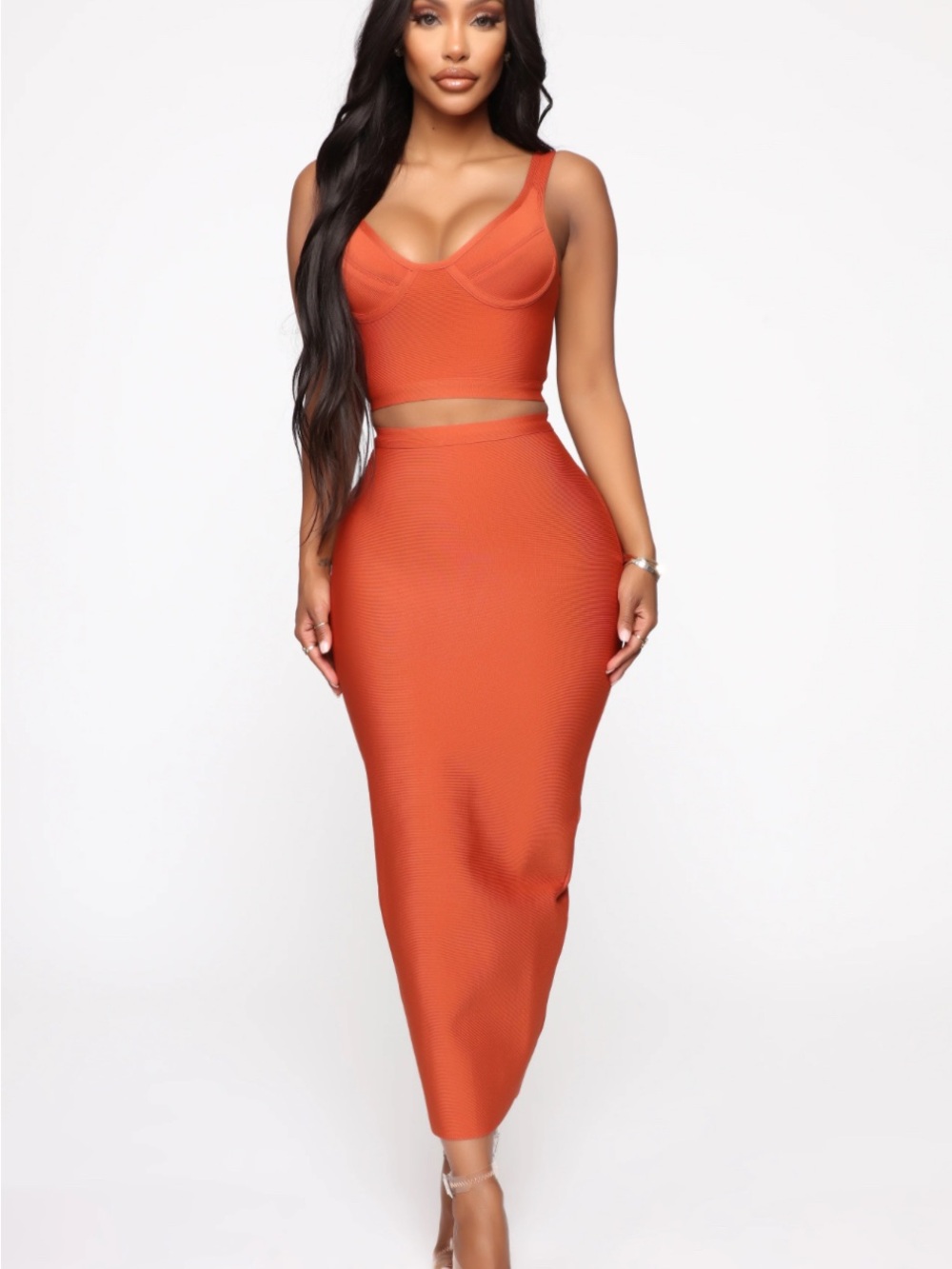 (NWT) Rust Orange Two Piece Set Crop Top & Midi Skirt Size M